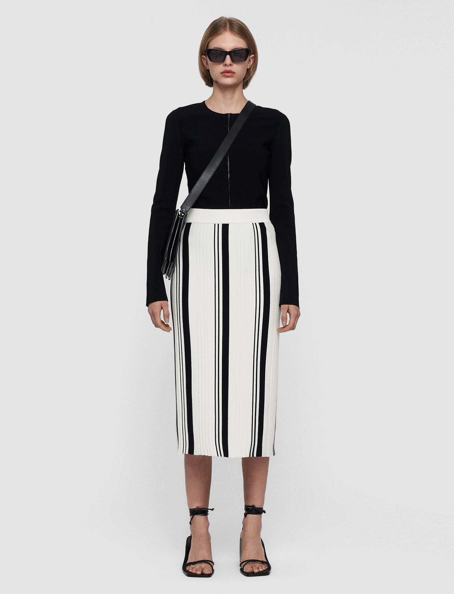 Joseph Straight Ribbed Striped Midi Skirt In Black/ivory