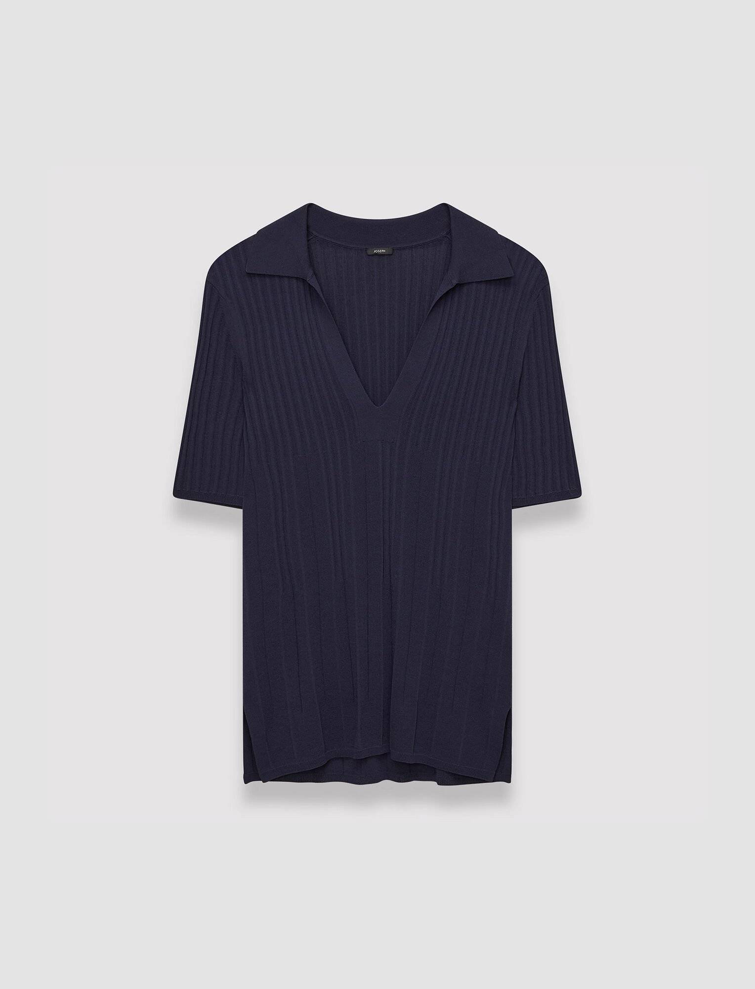 Joseph, Viscose Ribbed Knitted Polo Top, in Navy