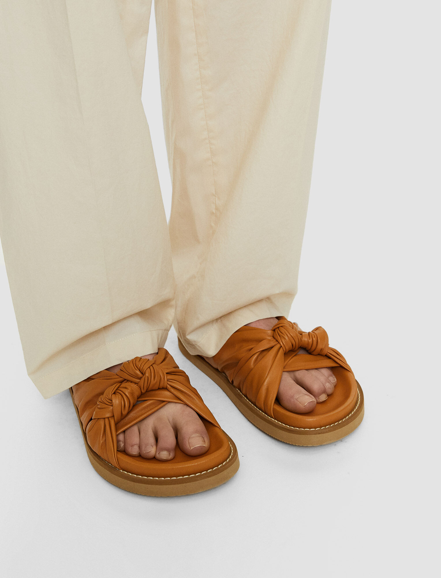 Joseph, Leather Big Knot Sandals, in Caramel