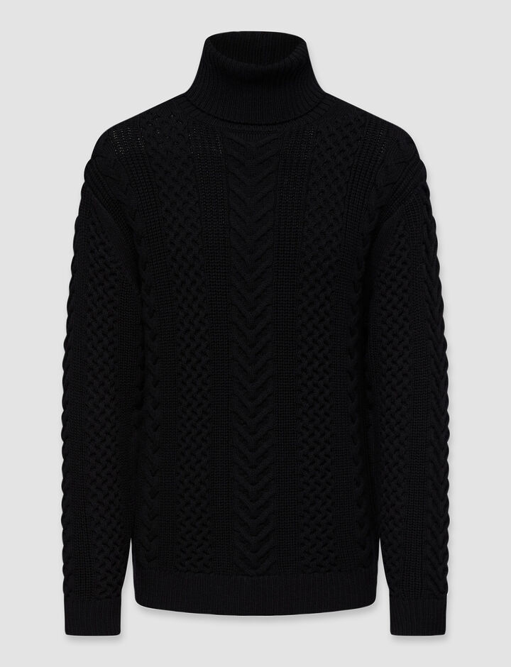 Joseph, Worsted Cable Knit High Neck Jumper, in Black