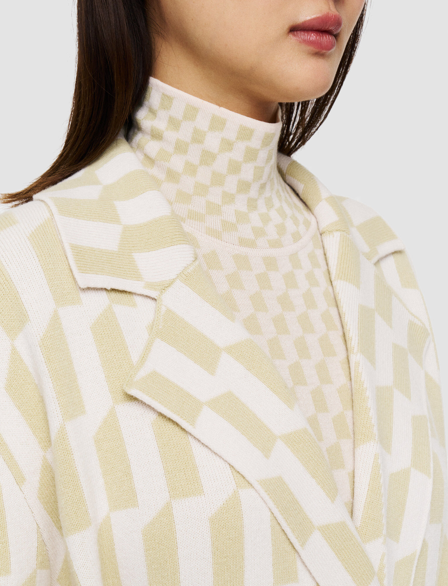Joseph, Alcove Intarsia Knitted Coat, in Pale Olive/Ivory