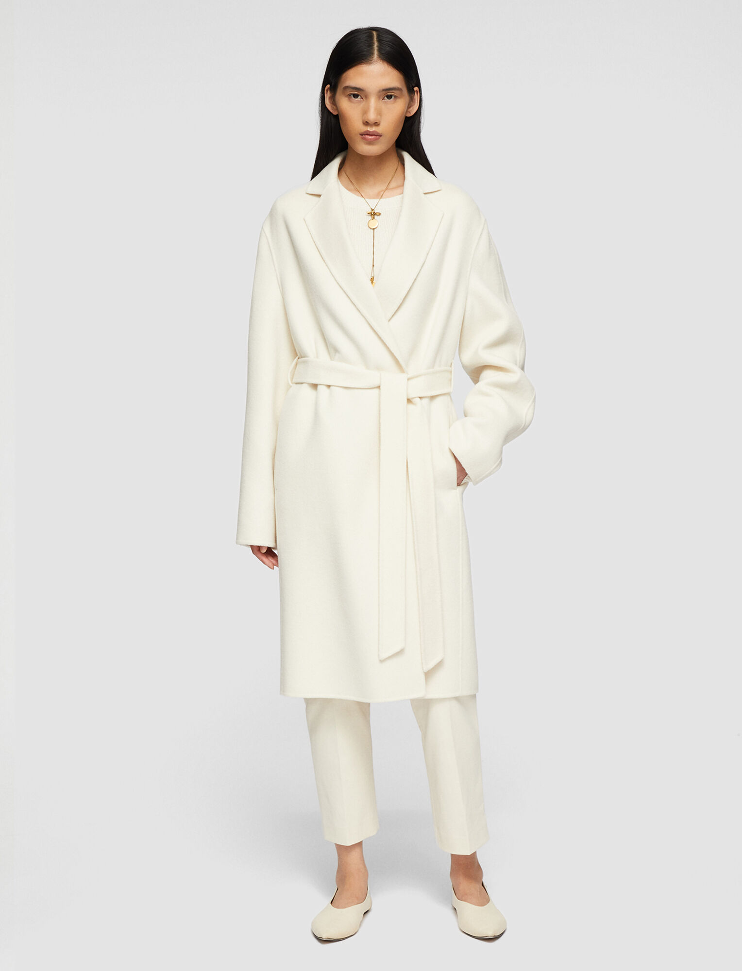 Double Face Cashmere Cenda Long Coat in Ivory | JOSEPH
