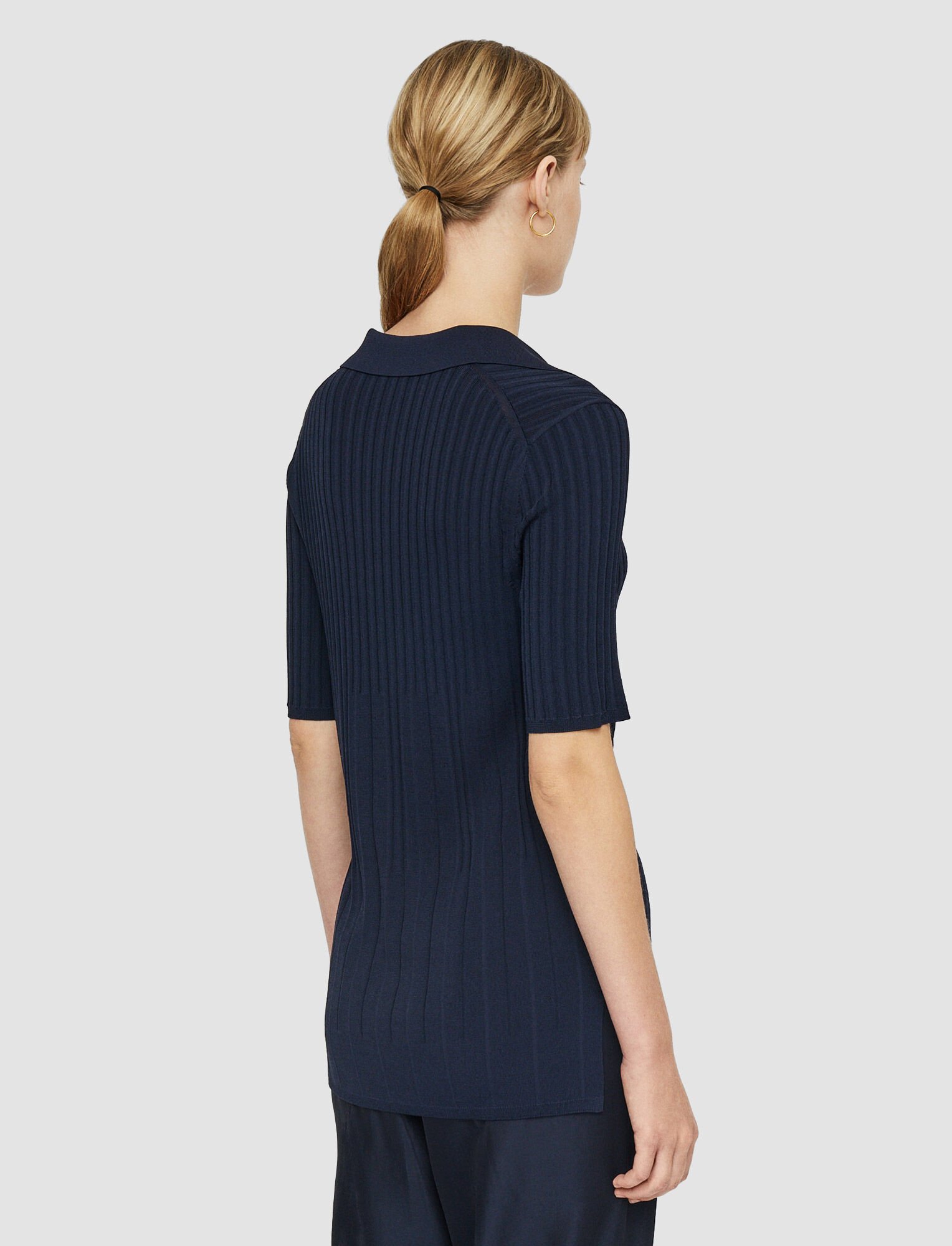 Joseph, Viscose Ribbed Knitted Polo Top, in Navy
