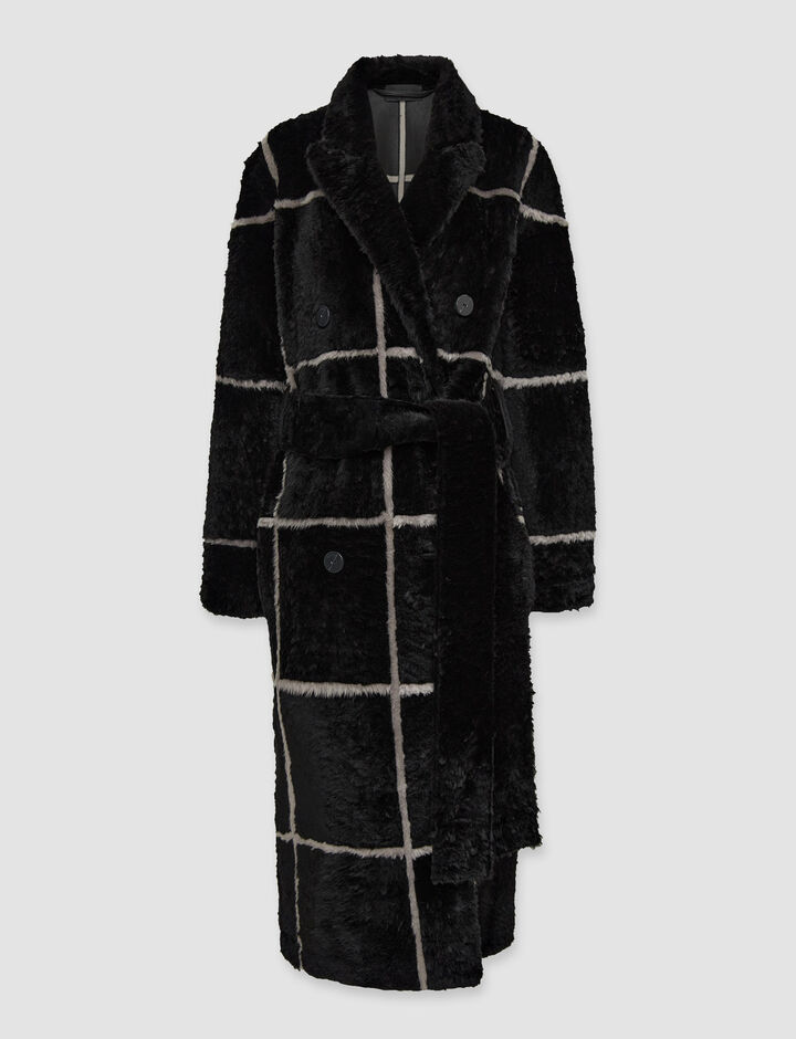 Joseph, Intarsia Merino Bourdon Coat, in Black/lightgrey