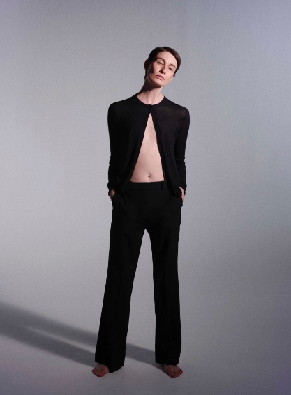 Model wearing the Tailor Wool Stretch Morrisey Trousers